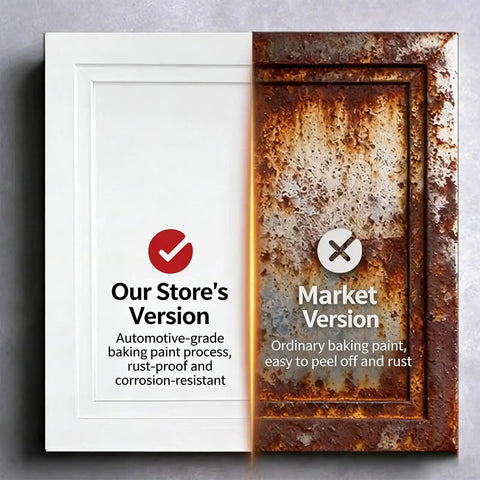 Comparison of Built Tough Aluminum Access Door For Drywall Panels With Snag Free Flush Mount and Heavy Duty Galvanized Core, one side pristine and the other rusty.