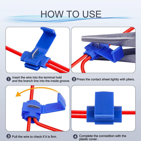 Instructions for using 140 Piece DIY Ready Quick Splice Wire Connector Set For 22 To 18 AWG 16 To 14 AWG And 12 To 10 AWG.