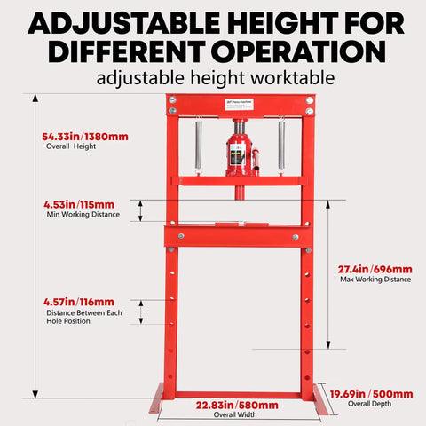 Workhorse 20 Ton Hydraulic H Frame Shop Press With Adjustable Table And Stamping Plates for Auto Repair Garage Use and Metalworking