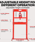 Beast 20 Ton Heavy Duty Hydraulic H Frame Shop Press With Adjustable Height Table And Metal Stamping Plates dimensions red.