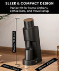 Top Shelf Single Dose Electric Coffee Grinder with 38mm conical burrs, sleek black design, compact size for home barista setups.