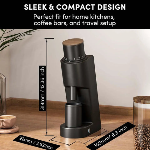 Top Shelf Single Dose Electric Coffee Grinder with 38mm conical burrs, sleek black design, compact size for home barista setups.