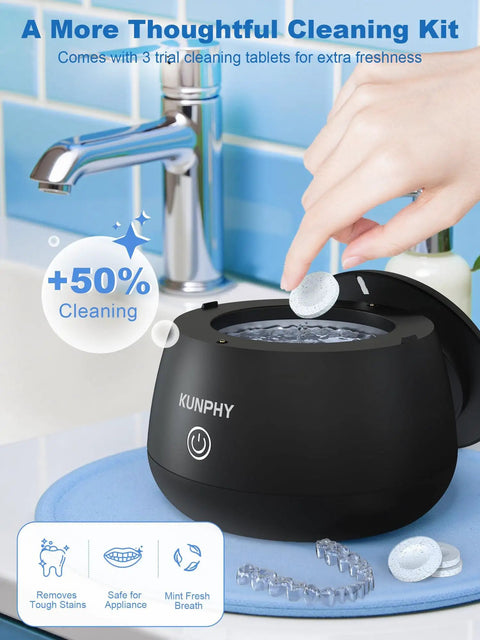Upgrade Your Daily Oral Hygiene With This Hella Slick 48 Khz Ultrasonic Retainer Cleaner Machine showing black cleaner with cleaning tablets.