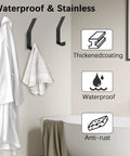 Six Hooks Heavy Duty Wall Mount Coat Rack Set in bathroom with towels and robes, black finish, waterproof and anti-rust features.