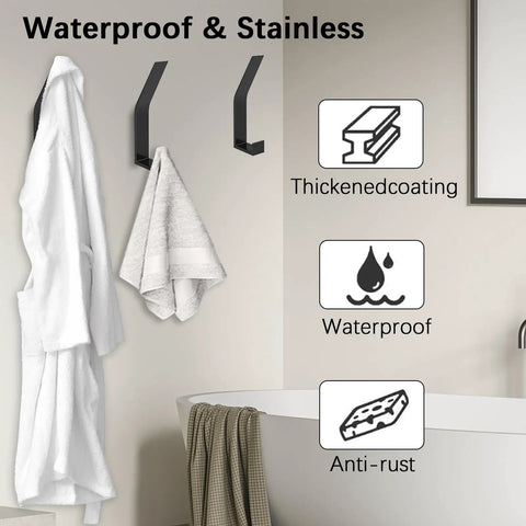Six Hooks Heavy Duty Wall Mount Coat Rack Set in bathroom with towels and robes, black finish, waterproof and anti-rust features.