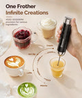 Rechargeable Milk Frother With Stepless Speed Control LunaFro V2 Handheld Electric Foam Maker in use over a drink.