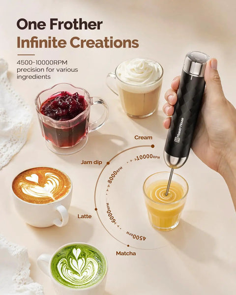 Rechargeable Milk Frother With Stepless Speed Control LunaFro V2 Handheld Electric Foam Maker in use over a drink.