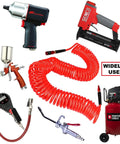 Heavy Duty Polyurethane Recoil Air Hose 1/4 Inch By 50 Feet Lightweight Flexible Compressor Hose with tools and fittings.