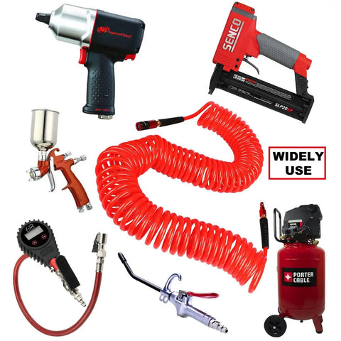 Heavy Duty Polyurethane Recoil Air Hose 1/4 Inch By 50 Feet Lightweight Flexible Compressor Hose with tools and fittings.