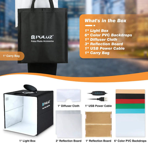 Image of 12X12 Photo Studio Light Box With 120 Led Beads, High Cri Ring Light Board, Foldable Pop Up Photo Booth Kit components and accessories.