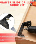 Precision Undermount Drawer Slide Drill Guide Jig With Six Piece Bit Set, showing pre-set holes and drill for cabinet alignment.