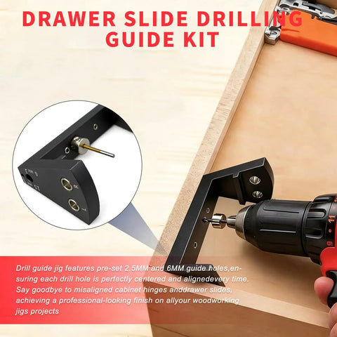 Precision Undermount Drawer Slide Drill Guide Jig With Six Piece Bit Set, showing pre-set holes and drill for cabinet alignment.