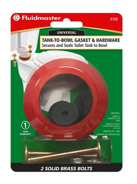 Tank To Bowl Bolt And Gasket Kit 6102 For Toilet Repair with universal sponge rubber gasket and brass bolts in packaging