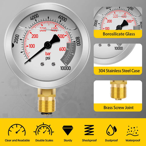 Hydraulic Pressure Test Kit for Excavators, Loaders and Heavy Machinery With Five Non Yellowing Gauges, Twelve Test Couplings, Fourteen Tee Connectors, Carter Quick Connector, Five Hoses and Portable Storage Case, brass gauge