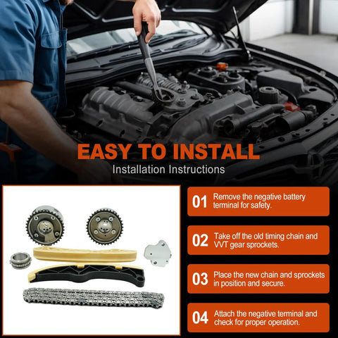 Mechanic installing Timing Chain Kit With Intake And Exhaust VVT Gear Sprockets Two Piece Plug And Play for Hyundai Accent Kia Rio 1.6L.