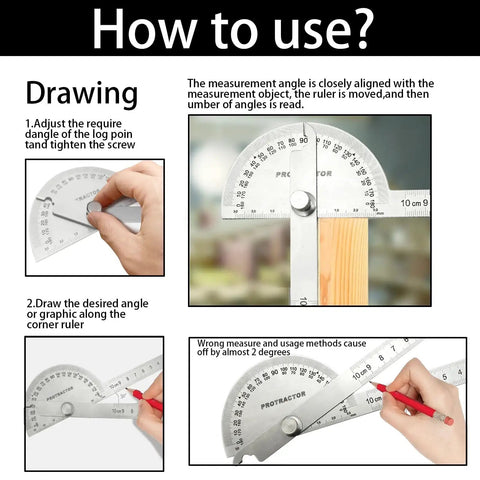 Heavy Duty Stainless Steel Angle Finder Protractor 180 Degree Dual Arm Ruler demonstrating usage for angle measurement.
