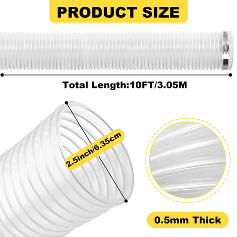 Heavy Duty 2.5 X 10 Ft Dust Collection Hose White Pvc Flexible Tube with measurements showing 2.5 inch bore and 10 ft length.
