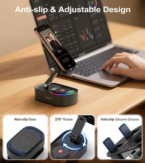 Wireless Induction Speaker Phone Stand With Bluetooth Audio Amplifier Foldable For iPhone Android And iPad on desk