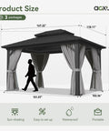 Hardtop 10x14 Gazebo With Aluminum Frame And Double Galvanized Steel Roof Outdoor Metal Pavilion With Netting And Curtains For Backyard Patio Or Deck Great Ventilation Shade And Cool Comfort displayed in a size chart with dimensions.