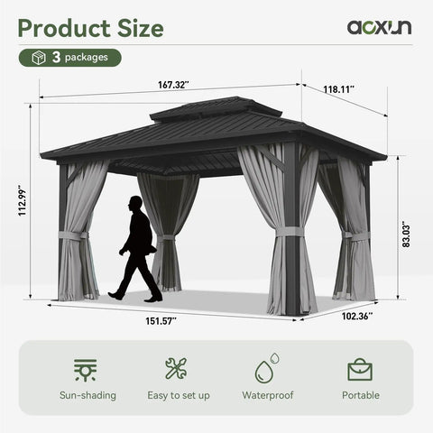 Hardtop 10x14 Gazebo With Aluminum Frame And Double Galvanized Steel Roof Outdoor Metal Pavilion With Netting And Curtains For Backyard Patio Or Deck Great Ventilation Shade And Cool Comfort displayed in a size chart with dimensions.