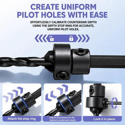 Heavy Lifting Countersink Drill Bit Set, Knockout 22 Pc Pro Grade Woodworking Kit showing depth stop ring for precise pilot holes.
