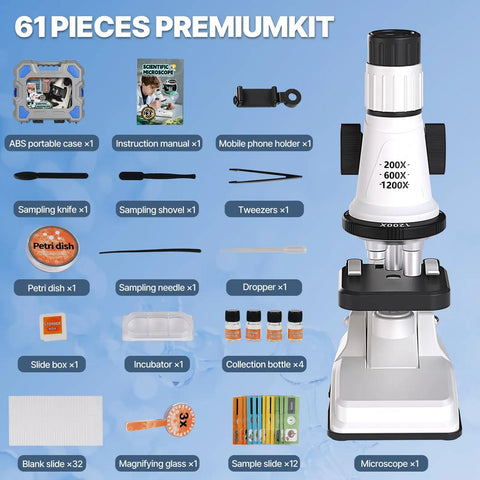 Junior Scientist Microscope Kit With Blank And Prepared Slides For Kids 100X 400X 1200X Magnification For Exploring The Micro World At Home Or In Class. 61-piece ABS case kit with microscope and accessories