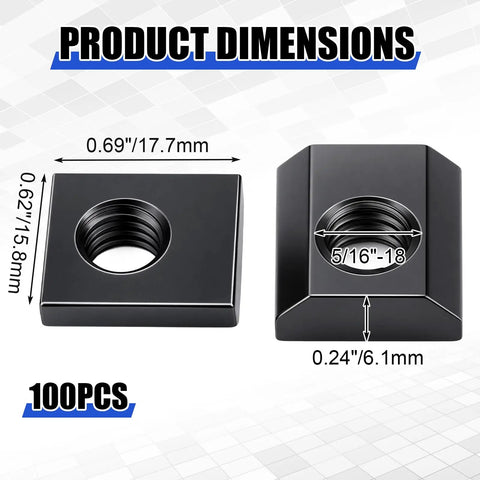 Bulk Pack Of 100 Slide In T Nuts 15 Series Five Sixteenths By Eighteen UNC Threaded Steel T Nuts dimensions diagram