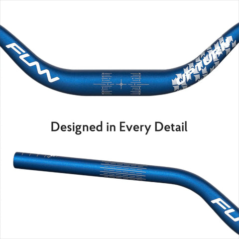Blue design details on Upturn High Rise Mountain Bike Handlebar 35mm Clamp 800mm Wide 75mm Rise Alloy Riser Bar For MTB And BMX