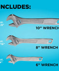 Adjustable Wrench Set Three Pack 6 Inch 8 Inch 10 Inch Wide Jaw For Big And Small Fasteners Tapered Jaw For Tight Spaces