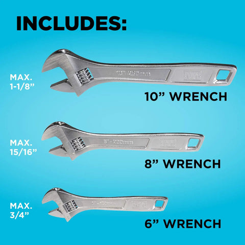 Adjustable Wrench Set Three Pack 6 Inch 8 Inch 10 Inch Wide Jaw For Big And Small Fasteners Tapered Jaw For Tight Spaces