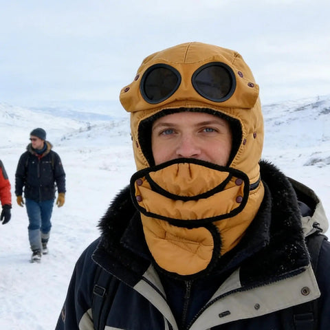 Person wearing Winter Hat With Thermal Barrier And Fleece Lining, Insulated Bonnet With Detachable Eye Shield, in snow, Bold Yellow