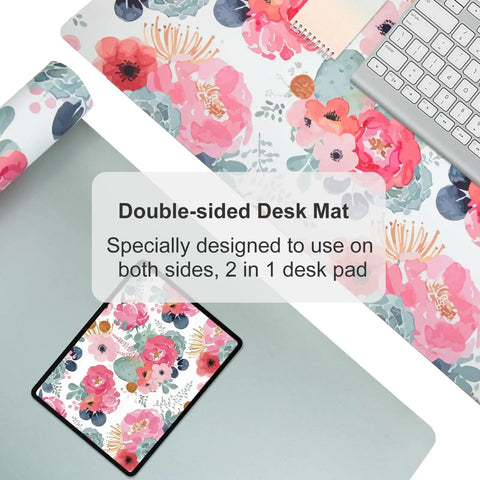 Large Pink Floral Desk Pad For Computer And Gaming Setup 31.5 Inch By 15.7 Inch Waterproof PU Leather Extended Mouse Mat