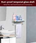 Glass Bathroom Shelf With Hand Towel Bar Wall Mounted Rectangular Storage Extra Thick Tempered Glass 15.2 x 4.5 Inches