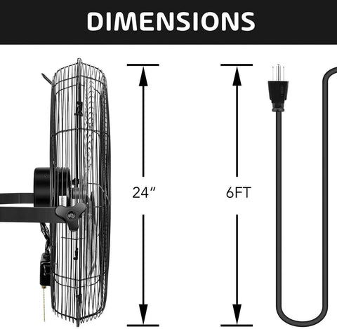 Side view of 24 Inch Industrial Wall Mount Fan With 3 Speed Beastly High Velocity Air Delivery Up To 7600 CFM and power cord.