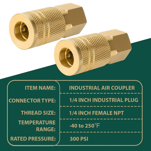 12 Pack 1 Quarter Inch NPT Female Air Hose Fittings Interchange Quick Connect Couplers with brass finish and specifications