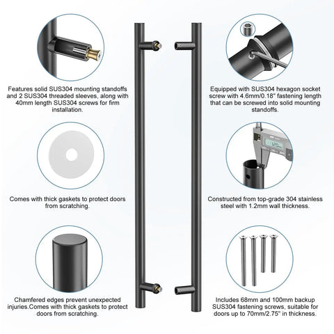 36 Inch Push Pull Door Handle Beefy Double Sided Long Barn Door Pull Handle Heavy Duty 304 Stainless Steel For Wood Glass And Metal Doors Ideal For Home Office And Commercial Use Round Bar, black