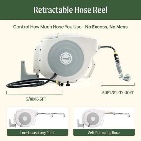 Retractable Garden Hose Reel With Automatic Rewind Easy Setup Wall Mounted 100 Ft Seaweed Green with sprayer nozzle image