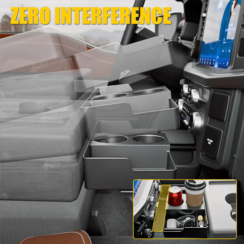 Front Center Seat Headrest Organizer For Ford F-Series Jump Seat Consoles, Cup Holder And Coin Storage Tray With Silicone Pads
