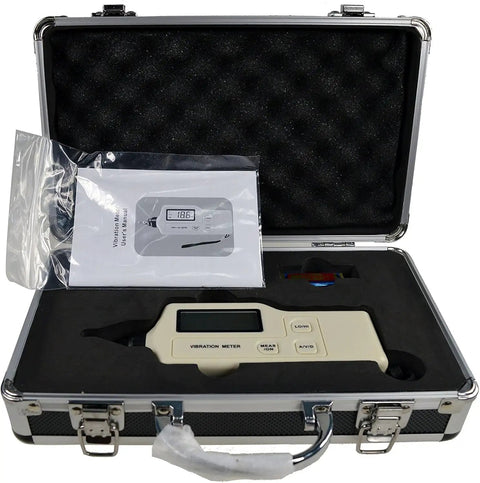 Handheld Portable LED Digital Vibration Meter Vibrometer For Acceleration Velocity And Displacement, High Sensitivity Probe With Go To Frequency Selection And Real Time Readout For Machinery Maintenance And Diagnostics in carrying case