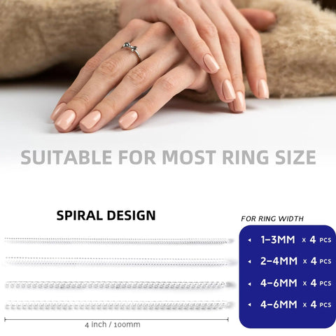 Invisible Ring Size Adjuster Kit 16 Soft Silicone Guards in Four Sizes Adjustable Spiral Tighteners for Loose Rings