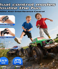 Two kids playing with an Amphibious RC Monster Truck Boat with IPX7 waterproof, gesture sensing control in a grassy area.