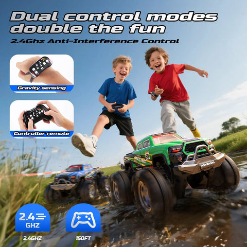Two kids playing with an Amphibious RC Monster Truck Boat with IPX7 waterproof, gesture sensing control in a grassy area.