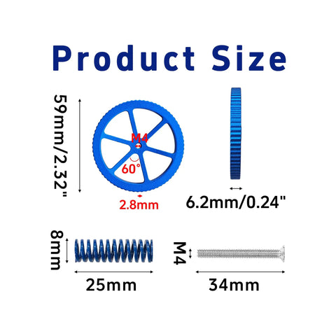 Product dimensions of Tough Blue Aluminum Leveling Nuts Kit With Hot Bed Springs, M4 Screws, And Silicone Mounts For Ender 3 Series And CR 10 3D Printers with measurements.