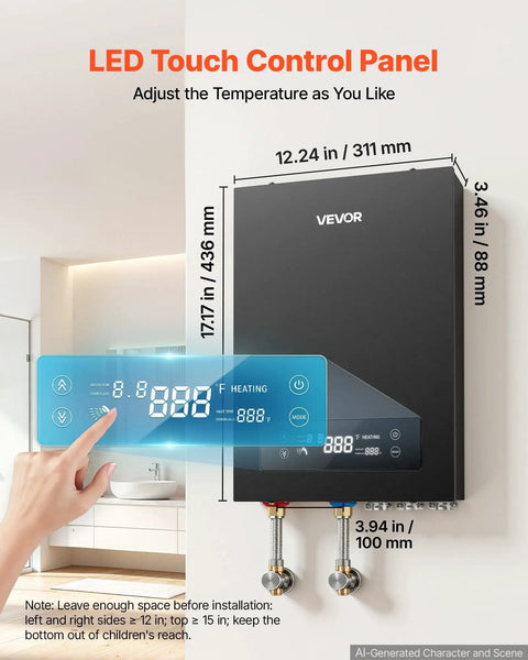 27kW Tankless Electric Water Heater 240V with LED touch control panel for precise temperature adjustment.