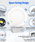 Components of Six Inch LED Recessed Light Kit Pack Of 12 Ultra Thin 5000K Canless Downlights With Junction Box 1100 Lumen High Brightness
