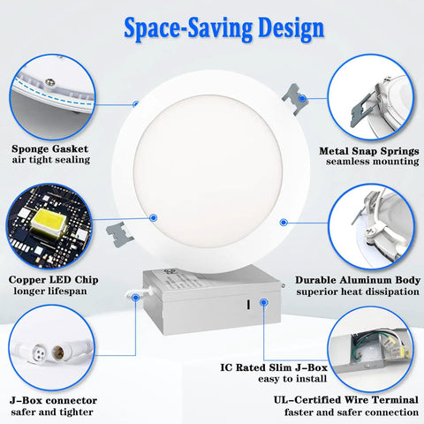 Components of Six Inch LED Recessed Light Kit Pack Of 12 Ultra Thin 5000K Canless Downlights With Junction Box 1100 Lumen High Brightness