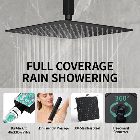 SR SUN RISE 12 Inch Ceiling Mount Shower System, Matte Black with anti-backflow valve and 304 stainless steel rain shower head.