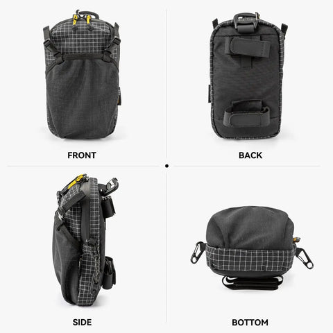 Backpack Strap Phone Pouch Ultra Lightweight Waterproof Phone Pocket Clips for Hiking Travel and Cycling, front, back, side, bottom views