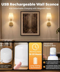 Battery Operated Wall Sconce Set of Two, Wireless Wall Lights with Remote shown on a wall with touch control features and USB charging.