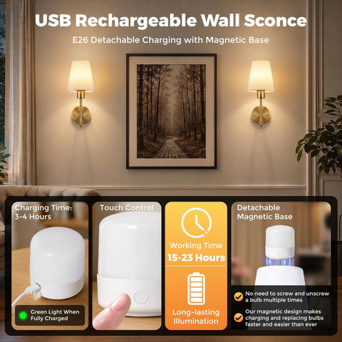 Battery Operated Wall Sconce Set of Two, Wireless Wall Lights with Remote shown on a wall with touch control features and USB charging.